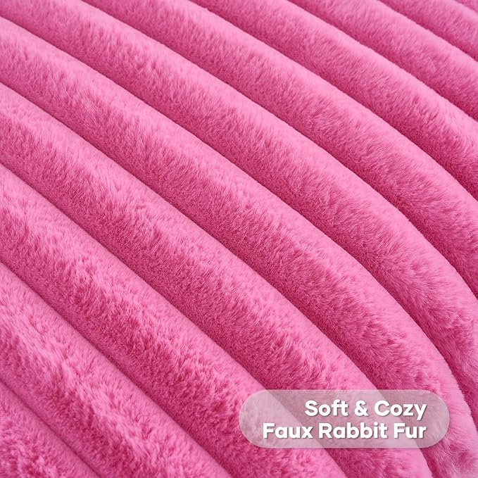 FUTEI Hot Pink Striped Decorative Throw Pillow Covers 20x20 Inch Set of 2,Square Winter Decorations Couch Pillow Case,Soft Cozy Faux Rabbit Fur & Velvet Back,Modern Home Decor for Bed