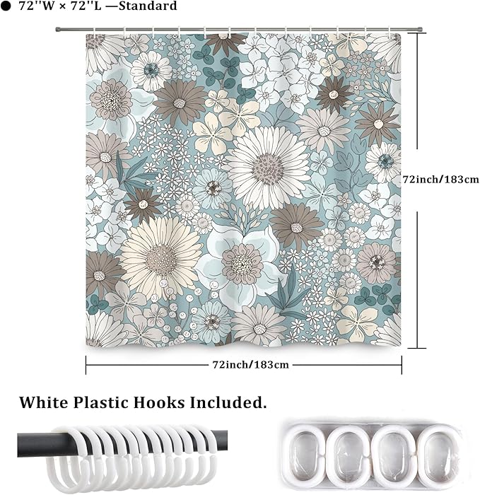 Floral Shower Curtain Rustic Various Floral Plant Curtain for Bathroom Tropical Botanical Farmhouse Waterproof Decor Shower Curtain with Hooks 72x72Inch
