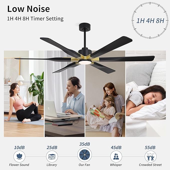78 Inch Ceiling Fan with Lights and Remote Control, 6 Reversible ABS Blades, 6-Speed Noiseless DC Motor with 4.5" / 12" / 24" Downrods for Bedroom Dining Living Room, Gold and Black