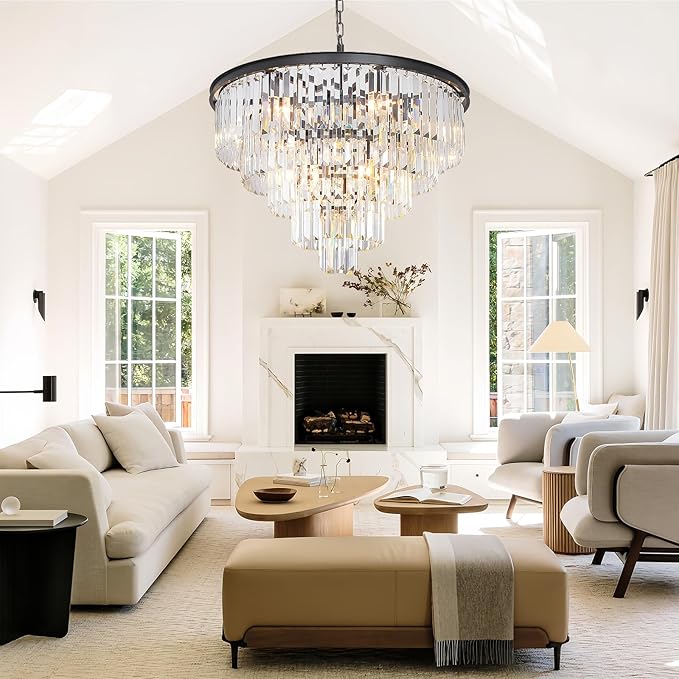 Black Crystal Chandeliers for Dining Room, 27.6" Modern Luxury Chandelier 5-Tier 10 Lights Contemporary Top K9 High Ceiling Pendant Light Fixture for Staircase Dining Living Room Foyer