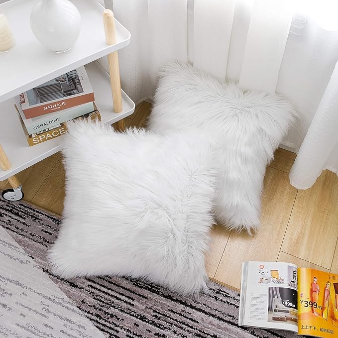 WLNUI Set of 2 White Christmas Decorative Fluffy Pillow Covers New Luxury Series Merino Style Faux Fur Throw Pillow Covers Square Fuzzy Cushion Case for Sofa Bedroom Living Room Home Decor 20x20 Inch
