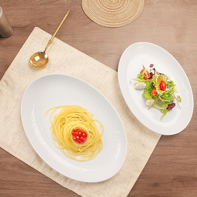 Ceramic Serving Platters Set of 4, White 10 Inch Oval Relief Platters, Entertaining Modern Kitchen Dishes, for Dinner, Fruit, Salad, Pasta - Microwave, Oven & Dishwasher Safe