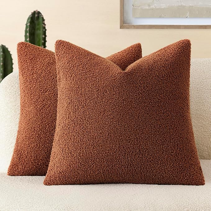 Foindtower Pack of 2, Curly Faux Fur Decorative Throw Pillow Covers Soft Fuzzy Plush Cushion Case with Zipper Cozy Pillowcase for Home Living Room Couch Bed Sofa 20 x 20 Inch,Hazel Brown