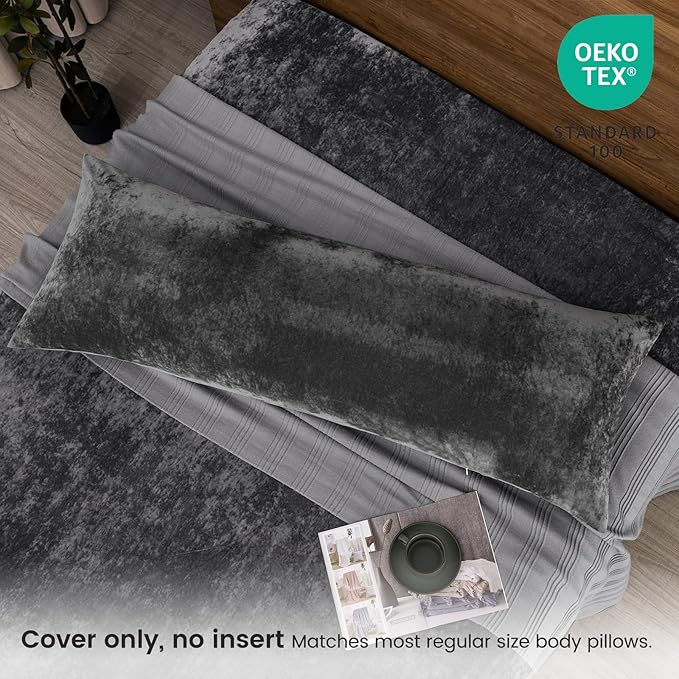 PHF Truly Velvet Zippered Body Pillowcase, No Insert, 1 Pack Ultra Soft Breathable Pillow Sham Cover with Zipper, 20"X 54" Long Luxury Cozy Warm Fuzzy Flannel Body Pillow Case, Charcoal/Dark Grey