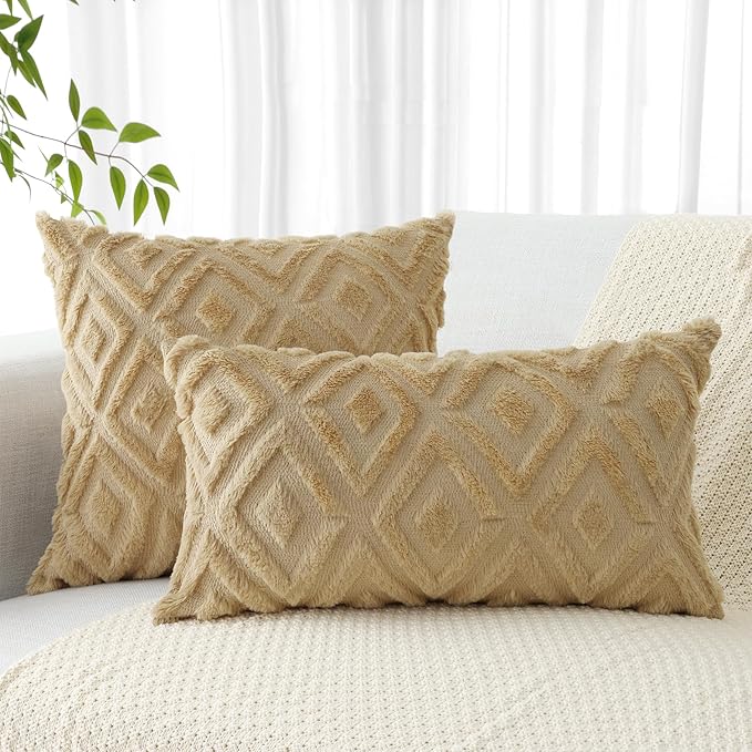 Pallene Light Khaki Throw Pillow Covers 26x26 Set of 2, Soft Plush Faux Fur Decorative Couch Pillow Covers for Sofa Bed Living Room Pillow Cases with 3D Diamond Pattern