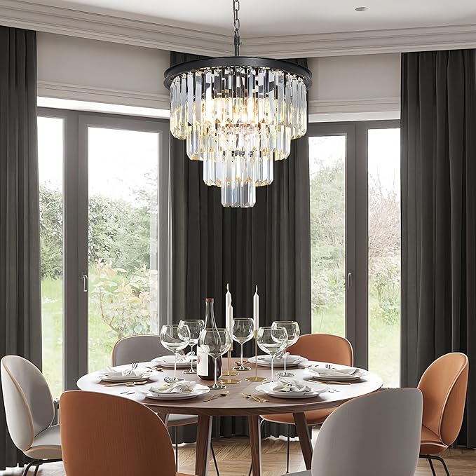 Black Crystal Chandeliers for Dining Room, 4-Tier 5 Lights Modern Chandelier Contemporary Luxury Top K9 Crystal Ceiling Pendant Light Fixture for Foyer Kitchen Bedroom Closet 18"