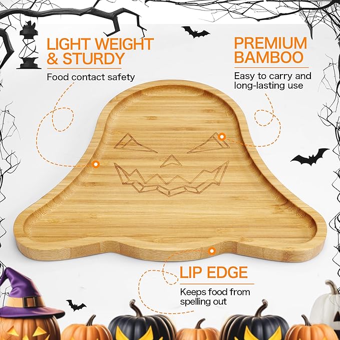 WILLKOMMEN Halloween Serving Tray, Ghost Shaped Charcuterie Board, Bamboo Serving Platter 10" x 9" for Party Child Spooky Cheese Appetizer Board Serving Plate Dishes for Snacks, Candy, Cookies
