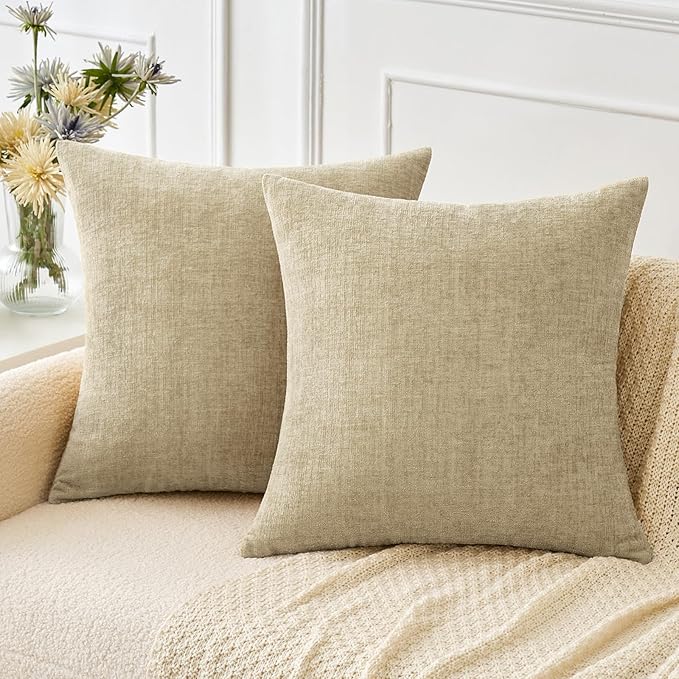 MIULEE Pack of 2 Beige Throw Pillow Covers 16x16 Inch Soft Chenille Pillow Covers for Sofa Living Room Couch Solid Dyed Cases