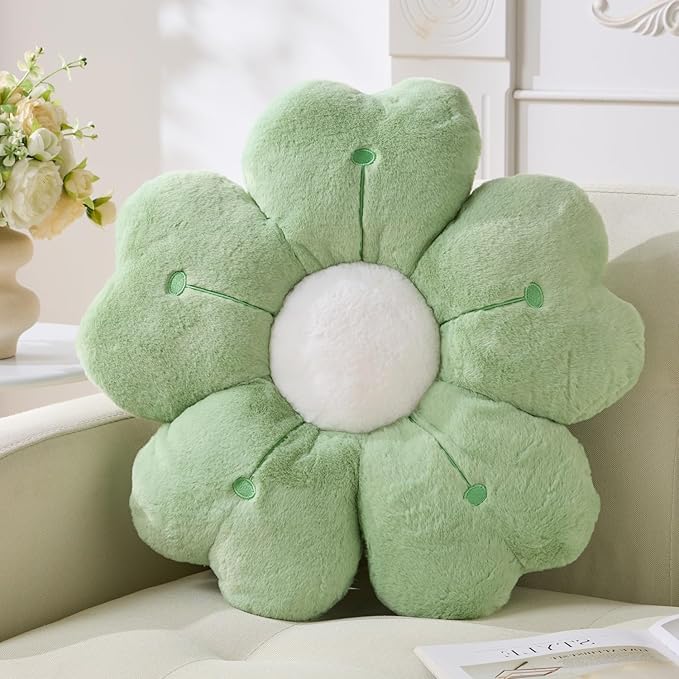 Flower Throw Pillow, Cute Daisy Cherry Blossom Flower Shaped Green Throw Pillow 15.7In Green Floor Cushion for Home Bedroom Sofa Chair Couch Decor