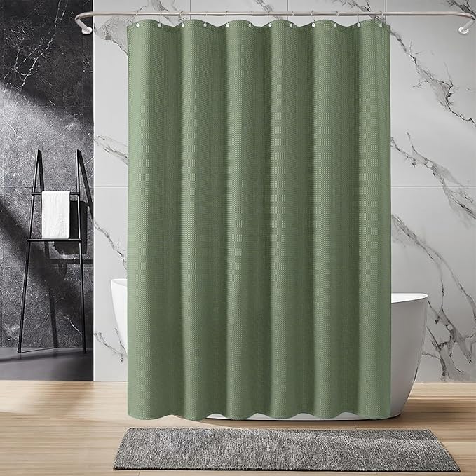 Inhousolu Fabric Shower Curtain Waffle Weave, Sage Green 230 GSM Heavy Duty, Weighted Hem, 8 Metal Hooks, Water Repellent, Machine Washable, Hotel Spa Luxury Bath Curtain Set, 36 x 72 Inch