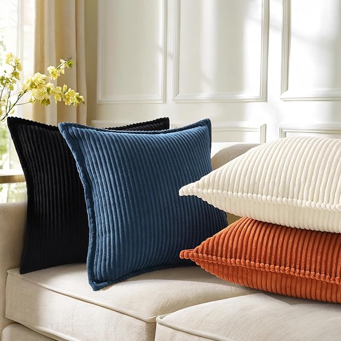 decorUhome Corduroy Navy Blue Throw Pillow Covers 26x26 Set of 2 Decorative Soft Boho Farmhouse Euro Couch Pillow Covers for Living Room Bed Sofa Broadside Striped Pillow Cases