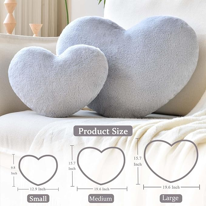 Grey Heart Pillows, Cute Heart Decorative Pillow, Heart Shaped Throw Pillows for Bed, Faux Rabbit Fur Plush Hoom Decor Pillow Cushion for Chair Sofa Living Room (Mini 12.9" x 9.8")