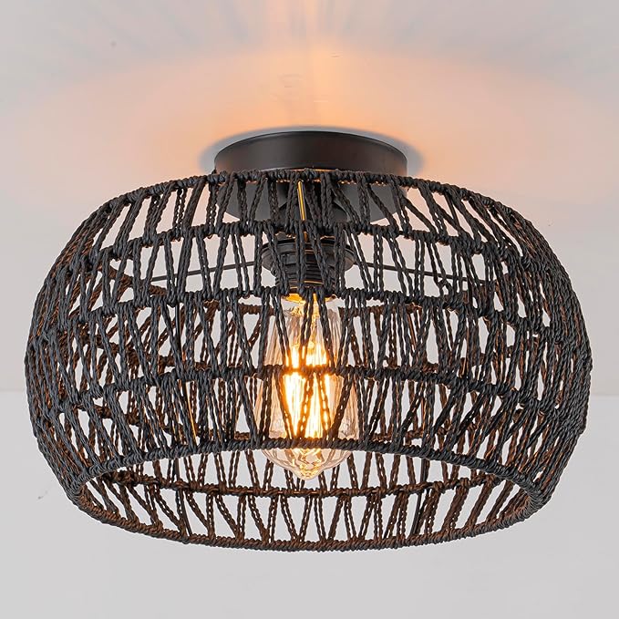 Boho Ceiling Lights Fixtures Black Rattan Chandelier Light Small Rattan Flush Mount Ceiling Lighting Hand-Woven Chandelier for Nursery Light Fixture Kitchen Bedroom Hallway
