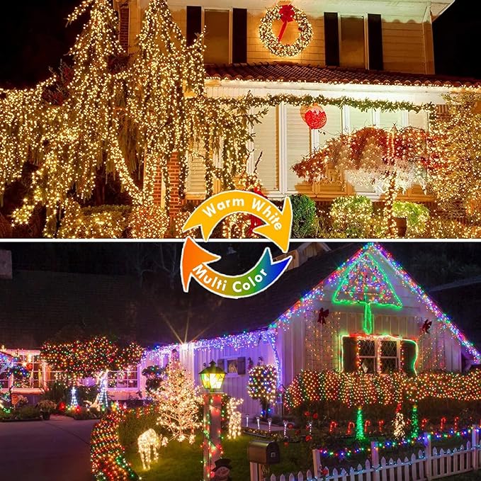 2 Pack Warm White to Multicolor Christmas Lights Indoor Outdoor, Super Bright 66FT 200 LED String Lights Waterproof, Twinkle Xmas Light with Timer for Bedroom Party Christmas Tree Decorations