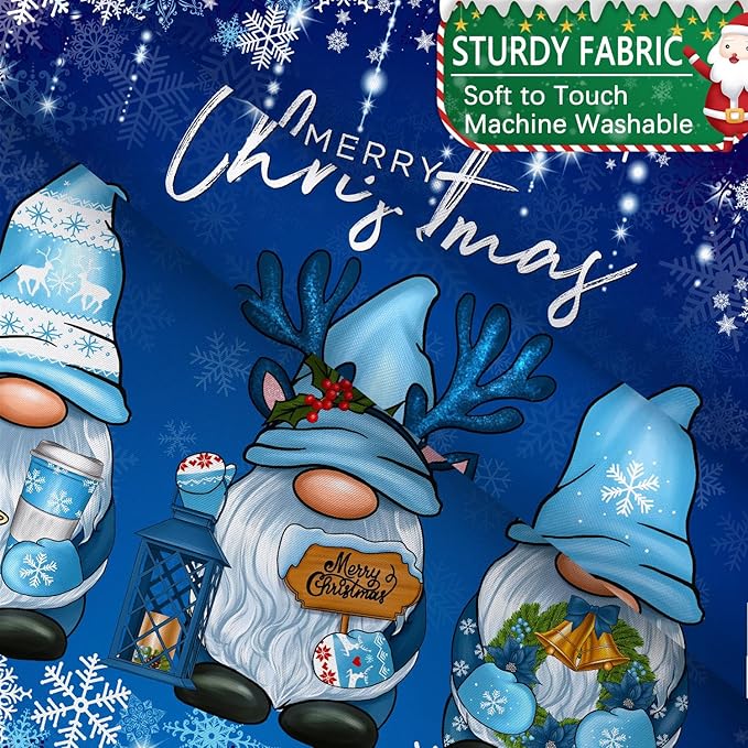 Blue Christmas Shower Curtain, Cute Christmas Gnome Shower Curtain Set, Winter Snowflakes Snow Xmas Shower Curtain Holiday Bathroom Decor, Durable Fabric Machine Washable with Hooks, 72 x 72 Inches