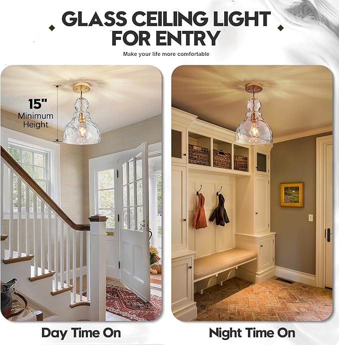 Hammered Glass Pendant Light, Pendant Lights Kitchen Island, Brushed Brass Kitchen Island Light Large 10 inch Gold Glass Ceiling Pendant Lights Over Sink for Hallway Entrance
