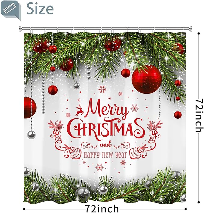 Christmas Shower Curtain Merry Xmas Holiday Backdrop Snowflakes Pine Trees Shower Curtains Sets Polyester Waterproof Fabric Washable Decorative Bathroom Curtain 72" x 72" with 12 Hooks