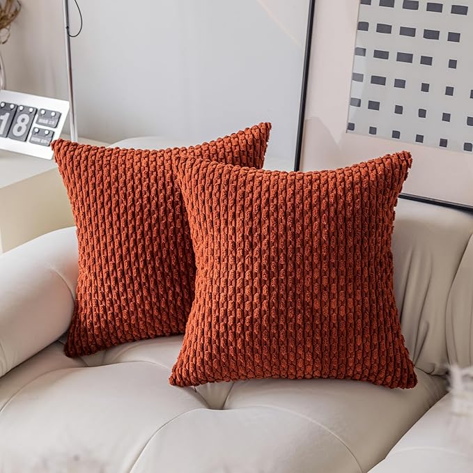 Kevin Textile Fall Pack of 2 Corduroy Decorative Throw Pillow Covers 22x22 Inch Soft Boho Striped Pillow Covers Modern Farmhouse Home Decor for Spring Sofa Living Room Couch Bed Burnt Brick