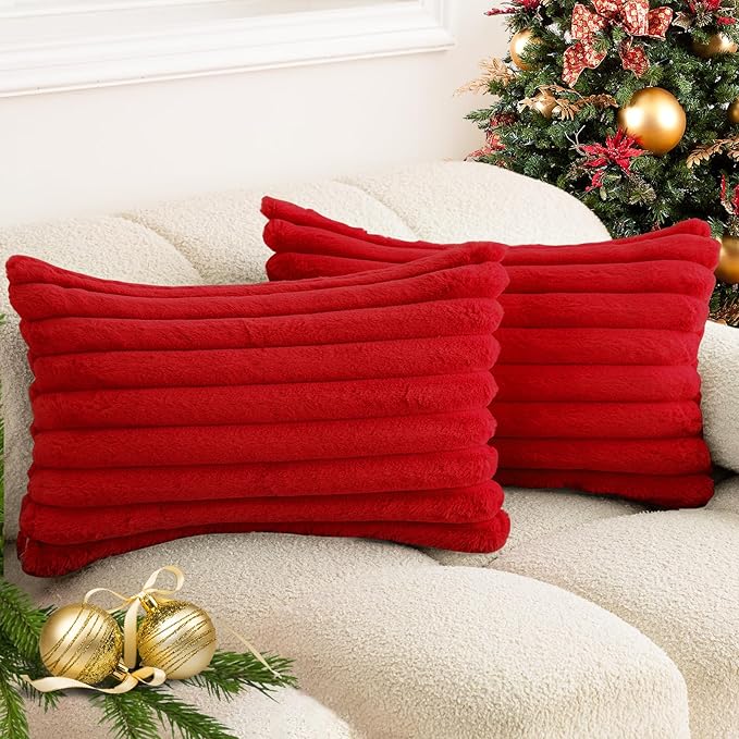 Christmas Red Faux Fur Plush Lumbar Throw Pillow Covers 12x20 Set of 2 Fuzzy Striped Soft Cozy Pillowcase Luxury Decorative Pillows Fluffy Cushion Covers for Couch Bed Living Room