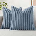 decorUhome Faux Fur Throw Pillow Covers 18x18 Set of 2, Decorative Soft Plush Striped Neutral Couch Euro Pillow Covers with Velvet Back for Sofa, Bed, Living Room Home Decor, Grey Blue