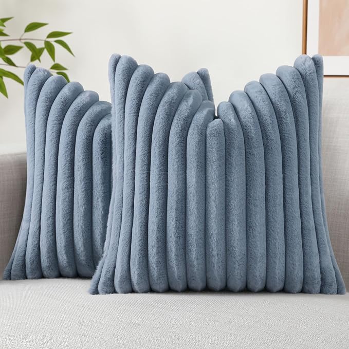 decorUhome Faux Fur Throw Pillow Covers 16x16 Set of 2, Decorative Soft Plush Striped Neutral Couch Euro Pillow Covers with Velvet Back for Sofa, Bed, Living Room Home Decor, Grey Blue