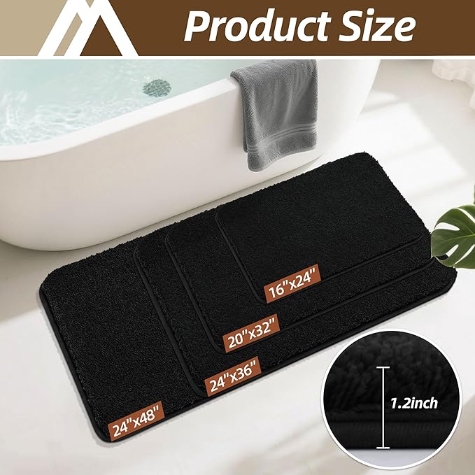 COSY HOMEER Bathroom Rugs Mat 24”x36” Absorbent Non-Slip Bath Mat Plush Shaggy Machine Washable Bath Rugs Soft Polyester Bath Mats for Bathroom Floor,Tub and Shower,Black