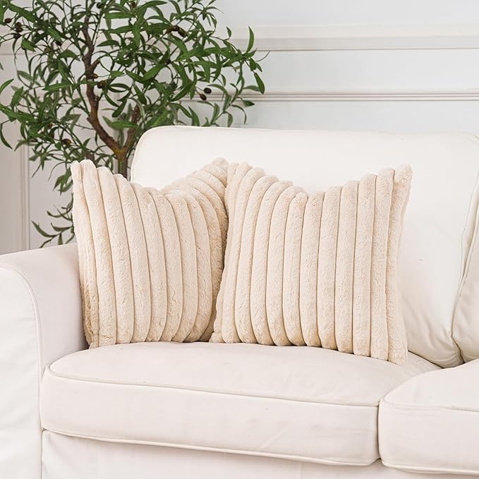 NiNi ALL Faux Fur Plush Throw Pillow Covers Beige 20x20 Inch Set of 2 Decorative Soft Plush Striped Couch Pillow Cover for Sofa Cushion Cases for Couch Bed Home Decor