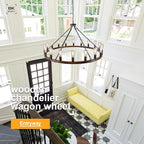 Farmhouse Wagon Wheel Chandelier 47" Black Rustic Light Fixtures 18-Light Wood Round Chandelier for Foyer Living Room Entryway Dining Room