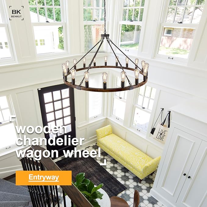 Farmhouse Wagon Wheel Chandelier 47" Black Rustic Light Fixtures 18-Light Wood Round Chandelier for Foyer Living Room Entryway Dining Room