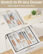 Aujen Silverware Organizer - Expandable Utensil Drawer Organizer with Non-Slip Pads, Adjustable Kitchen Drawer Organizer For Home, Apartment and Kitchen Essentials, White, 13.6" x 1.4" x 11.0"~19.9"