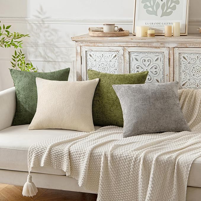 MIULEE Pack of 2 Couch Throw Pillow Covers 18x18 Inch Olive Green Modern Boho Accent Decorative Pillow Covers Soft Chenille Farmhouse Cushion Covers for Home Decor Bed Sofa Living Room