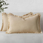 MIULEE Decorative Lumbar Throw Pillow Covers Neutral Linen Fringe Throw Pillows Set of 2 Beige Boho Farmhouse Cushion Covers with Tassels for Couch Sofa Bed Living Room Spring Home Decor 12x20 Inch
