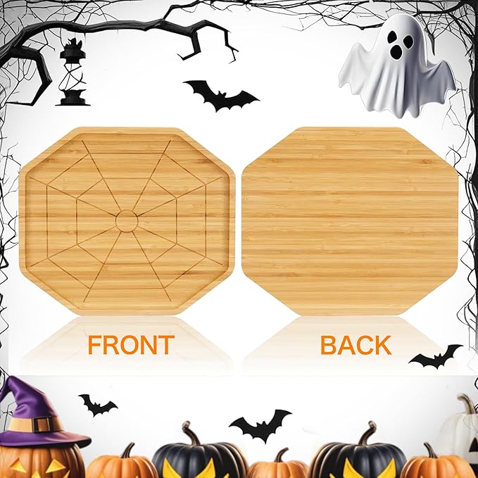 WILLKOMMEN Halloween Charcuterie Board, Spider Web Shaped Serving Tray, Bamboo Serving Platter 10" x 9" for Party Child Spooky Cheese Plate Appetizer Board for Snacks, Candy, Cookies