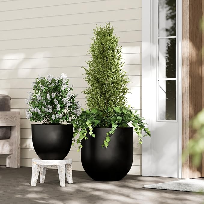 DTY Signature Mount Belford Lightweight and Durable Modern Fiberstone Egg Shaped Planter for Indoor Outdoor Drainage Hole & Rubber Plug Weather Resistant, 10" H x 12" Dia, 10" Opening - Small, Black