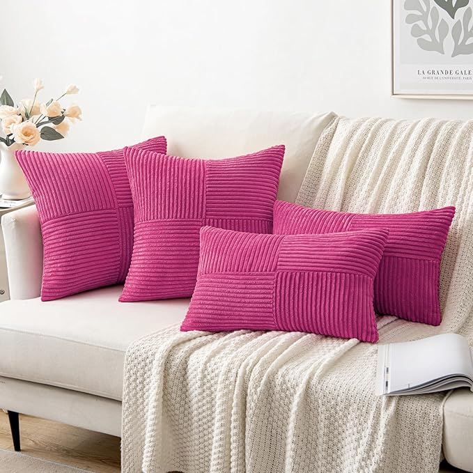 MIULEE Hot Pink Corduroy Pillow Covers Pack of 2 Boho Decorative Spliced Throw Pillow Covers Soft Solid Couch Pillowcases Cross Patchwork Textured Cushion Covers for Living Room Bed Sofa 18x18 inch