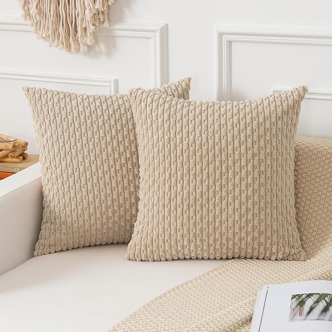 Kevin Textile Throw Pillow Covers Soft Corduroy Decorative Set of 2 Boho Striped Pillow Covers Pillowcases Farmhouse Home Decor for Couch Bed Sofa Living Room 22x22 Inch Beige