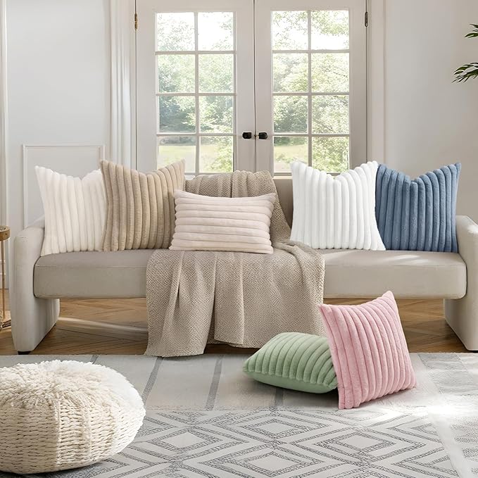 decorUhome Faux Fur Throw Pillow Covers 22x22 Set of 2, Decorative Soft Plush Striped Neutral Couch Euro Pillow Covers with Velvet Back for Sofa, Bed, Living Room Home Decor, Pink