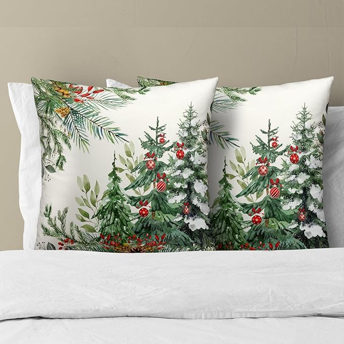 Christmas Throw Pillow Covers 16x16 Set of 2, Winter Xmas Pine Branches Red Berry Bells Decorative Pillow Cases Farmhouse Cotton Square Cushion Cover for Couch Sofa Bed