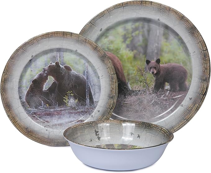 Melamine Dinnerware set for 4 - Dinner Plates Bowls Set 12 PCS Durable BPA Free Dishwasher Safe Shatter-Proof Chip Resistant for Indoor Outdoor,Bear