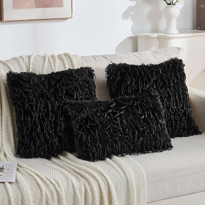 FUTEI Black Decorative Throw Pillow Covers 20x20 Inch Set of 2,Soft Fluffy Faux Feather Texture Cushion Cases,Modern Home Luxury Decor for Couch Bed Living Room