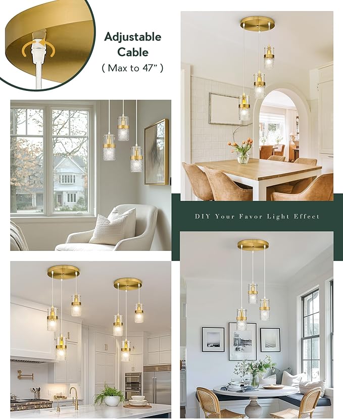 LMS 3-Light Pendant Light Fixtures, Brushed Gold Farmhouse Kitchen Island Light, Industrial Adjustable Hanging Pendant Lighting, Cluster Chandeliers, LMS-189