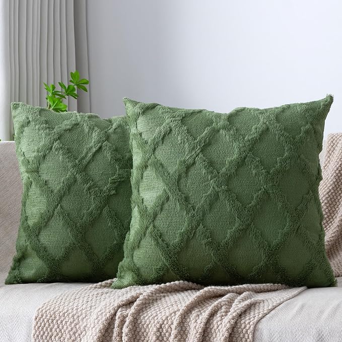 Set of 2 Soft Moroccan Throw Pillow Covers 16x16 Inch Plush Boho Decorative Pillow Cover Accent Cushion Case for Couch Sofa Bed, Olive Green