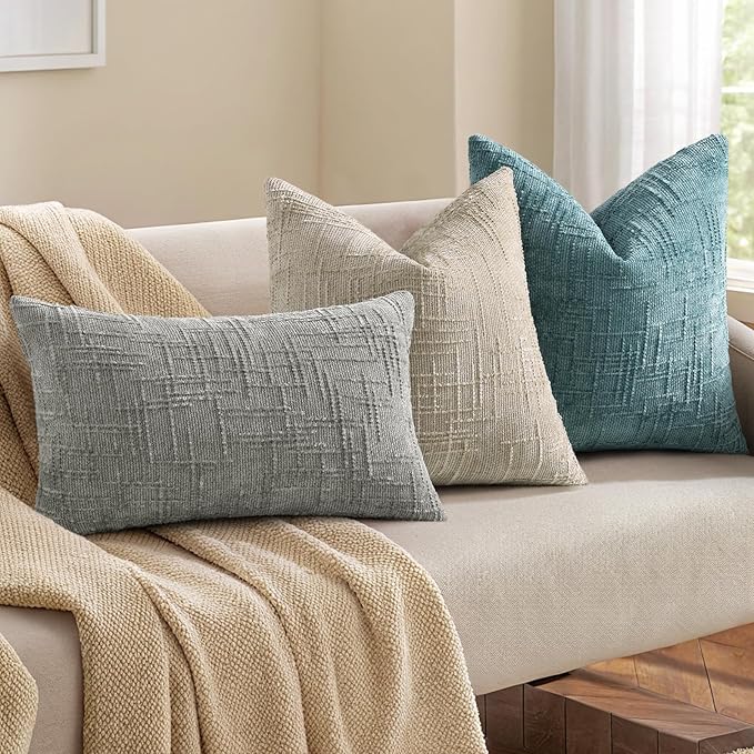 decorUhome Teal Chenille Throw Pillow Covers 26x26 Set of 2 Thick Textured Slubby Couch Pillow Covers Farmhouse Accent Modern Neutral Decorative Pillow Cases for Bed Sofa Living Room