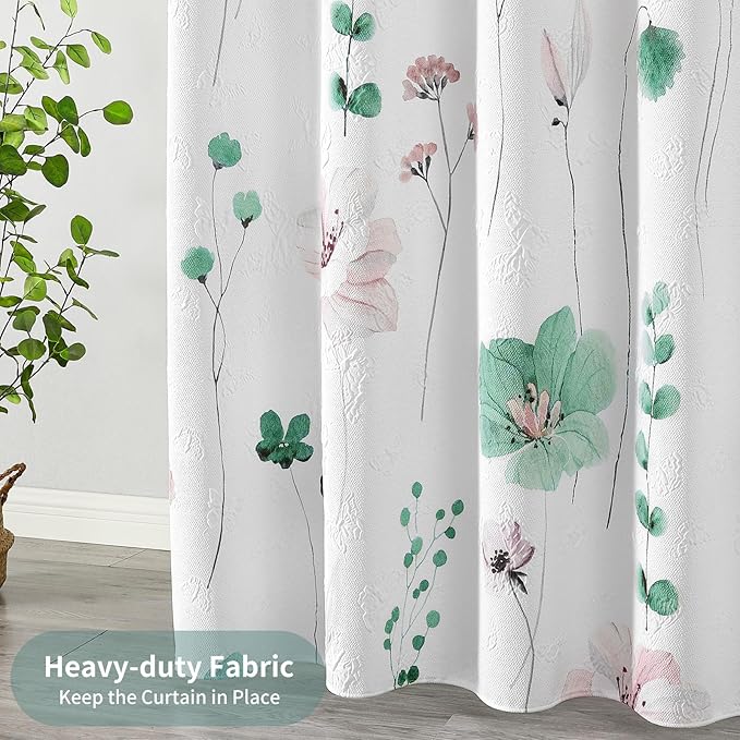QiyI Watercolor Floral Shower Curtain, 3D Embossed Butterflies Sage Green Flower Bathroom Curtain, Minimalist White Cloth Bath Curtains, Waterproof Fabric Textured Shower Curtain Set with Hooks, 72x72