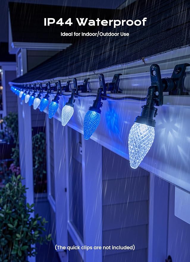 C9 Christmas Lights Outdoor, 66 FT 100 LED Connectable C9 String Lights with 8 Modes and Timer Xmas Tree Patio Roofline Garden Yard Holiday Party Indoor Outdoor Decoration, Blue and White