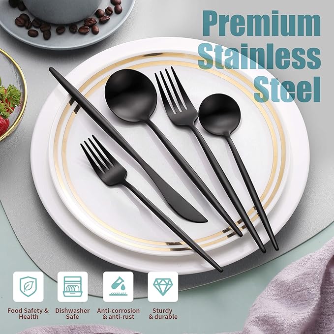Lemeya Matte Black Silverware Set for 8,Modern Stainless Steel Brushed Cutlery Set,40-Pieces Heavy Duty Flatware Set,Knives Spoons and Forks Set Utensils Set, Satin Finish, Dishwasher Safe