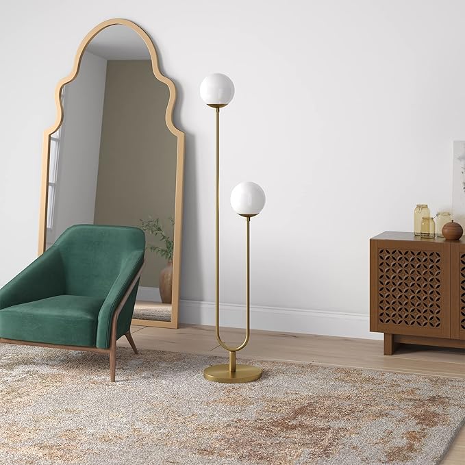 Henn&Hart 68.5'' Mid-Century Modern 2-Light Floor Lamp with White Milk Glass Globe Shade for Living Room, Bedroom, or Office, Brass