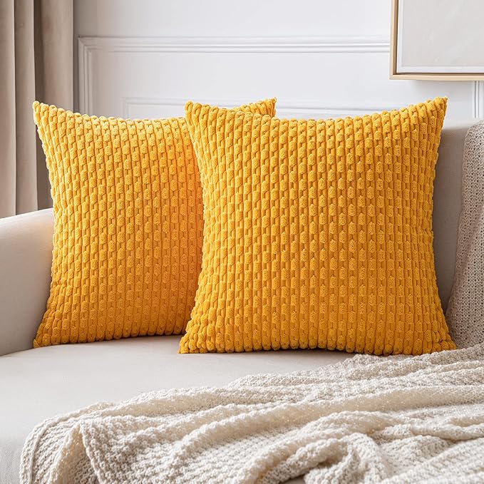 MIULEE Pack of 2 Decorative Throw Pillow Covers 16x16 Inch Soft Boho Striped Textured Corduroy Pillow Covers Modern Farmhouse Home Decor for Couch Bed Sofa Living Room Golden Yellow