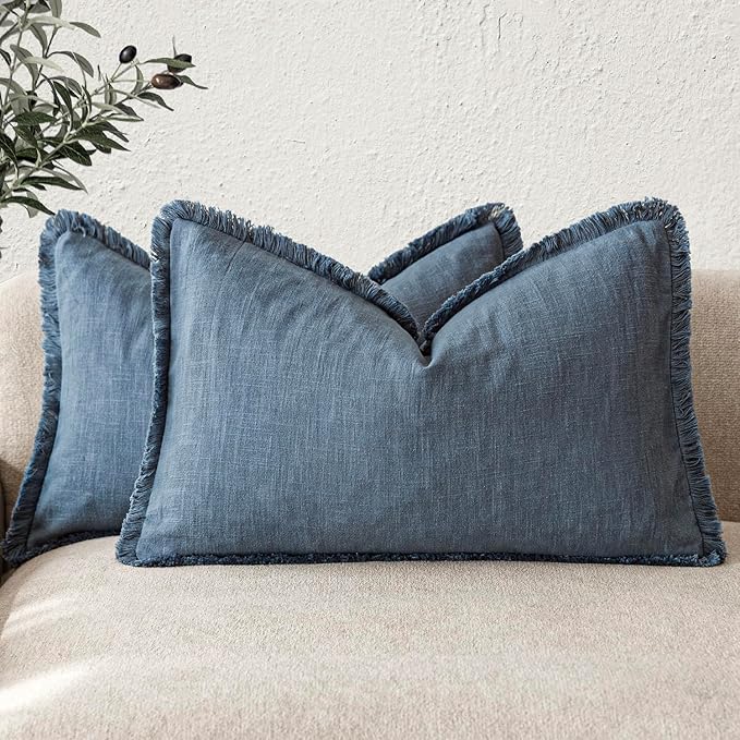 Foindtower Set of 2 Decorative Linen Fringe Lumbar Throw Pillow Covers Farmhouse Cushion Cover with Tassels Accent Pillowcase for Couch Sofa Bed Living Room Home Decor,12×24 Inch,Dark Blue