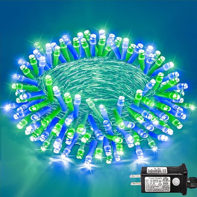120 LED Blue Green Christmas Lights Outdoor Waterproof, 40ft Clear Wire Christmas Tree Lights 8 Modes Plug in Twinkle Fairy Lights for Indoor Christmas Bedroom Tree Decoration